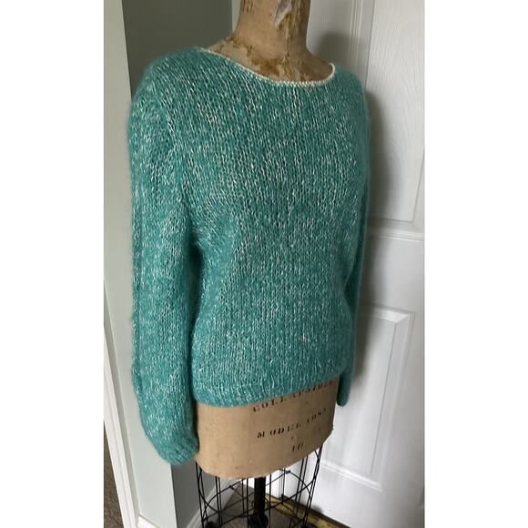 Vintage mohair Blend Sweater Woman Crew Blue Teal Turquoise White Wide Sleeves - Picture 14 of 16